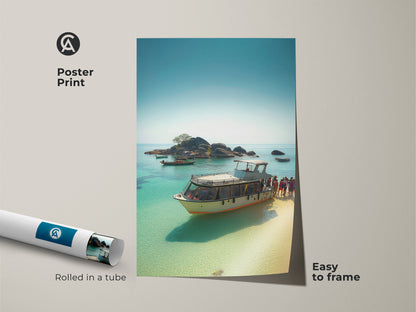 Poster Print of a Beach house art print. This Photorealistic yacht artwork is rolled in a tube for easy framing. Nautical themed wall decor bringing a Seaside escape canvas art.