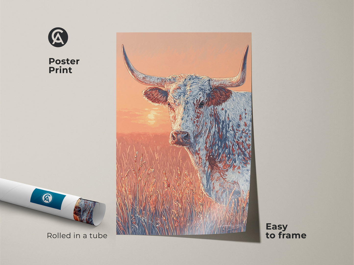 Poster print of a longhorn in a field. The poster is rolled in a tube. The artwork is easy to frame. The colors are warm and inviting. A great piece for western art collectors.