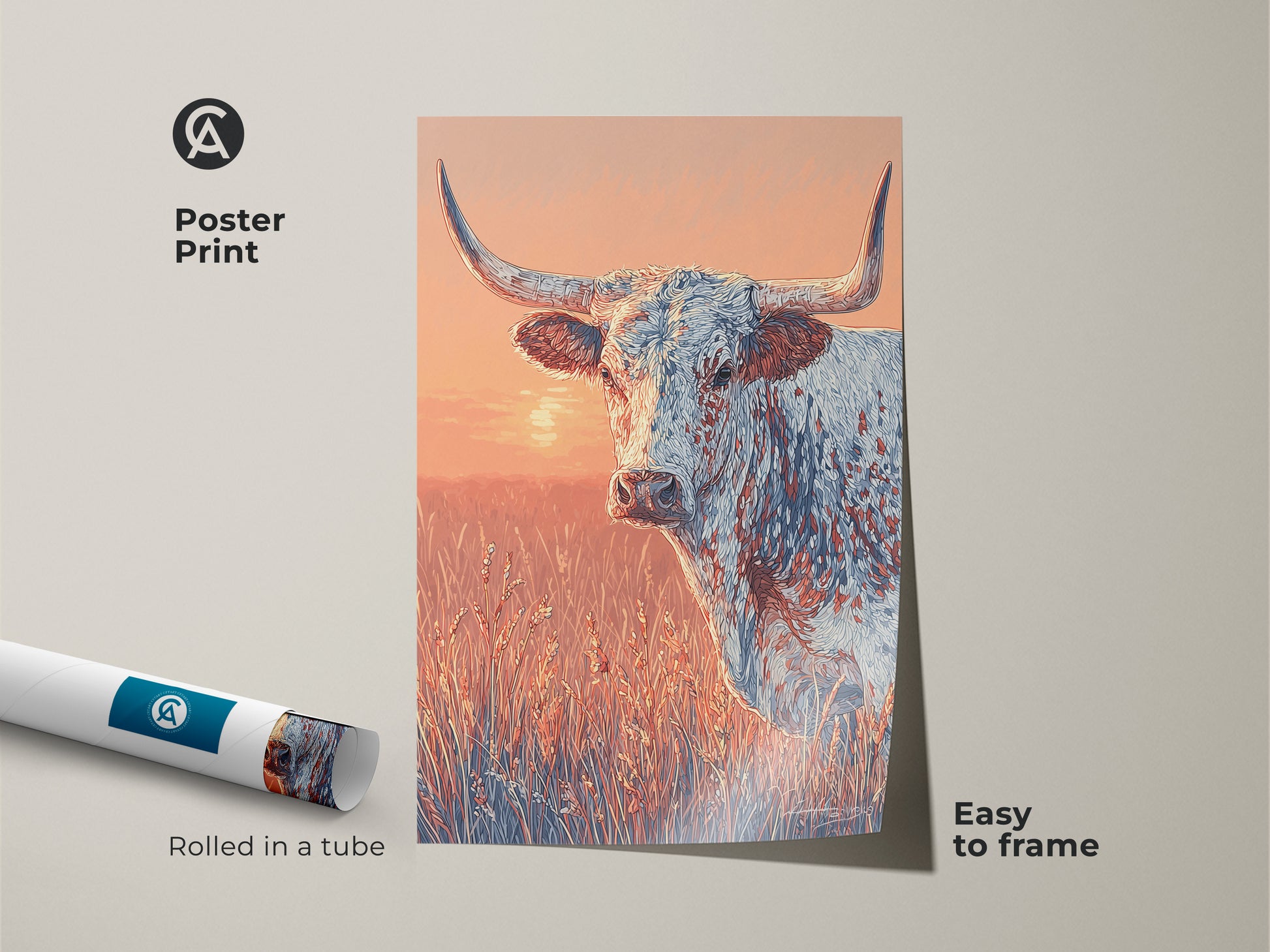 Poster print of a longhorn in a field. The poster is rolled in a tube. The artwork is easy to frame. The colors are warm and inviting. A great piece for western art collectors.