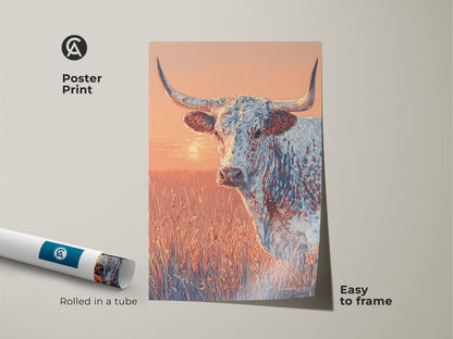 Poster print of a longhorn in a field. The poster is rolled in a tube. The artwork is easy to frame. The colors are warm and inviting. A great piece for western art collectors.