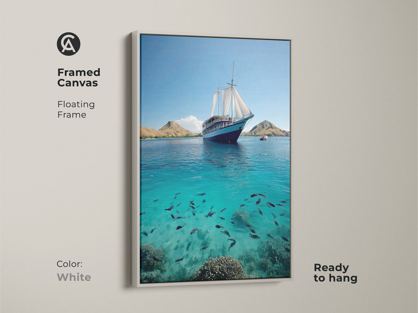 Enhance your home with this framed nautical canvas. A floating frame with a white finish. It showcases a sailing ship and a vibrant turquoise sea. Notice a school of fish. This ocean artwork brings coastal calm. A bedroom wall art piece.