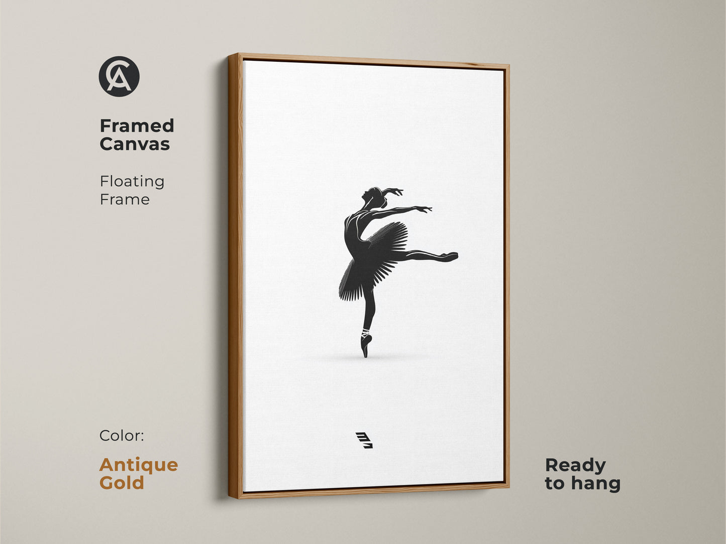 Framed canvas showing minimalist ballerina artwork with an antique gold floating frame. Black and white dancer print. Elegant ballet pose wall art is ready to hang. Modern monochrome artwork is great bedroom wall decor.