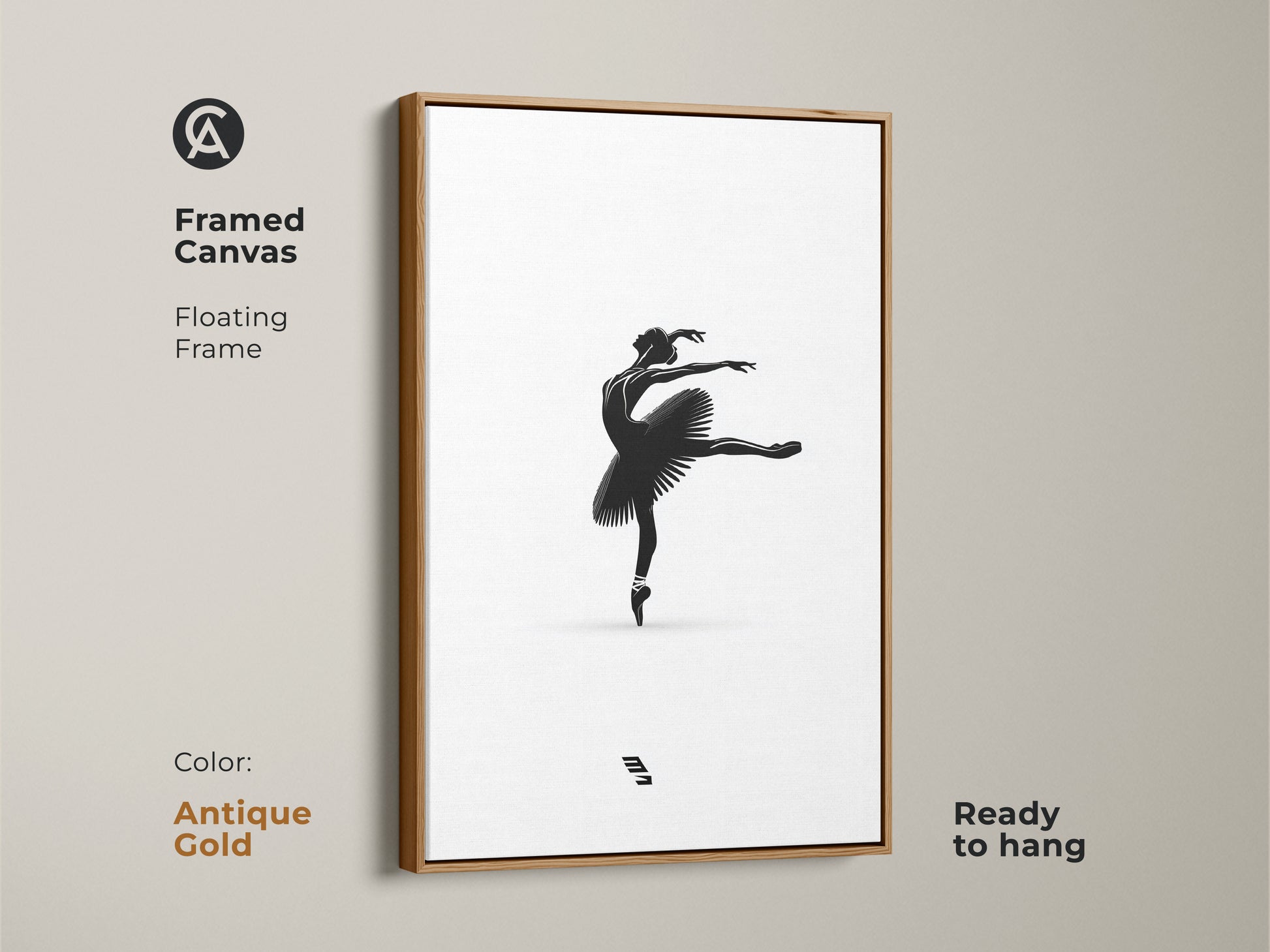 Framed canvas showing minimalist ballerina artwork with an antique gold floating frame. Black and white dancer print. Elegant ballet pose wall art is ready to hang. Modern monochrome artwork is great bedroom wall decor.