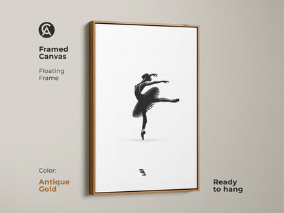 Framed canvas showing minimalist ballerina artwork with an antique gold floating frame. Black and white dancer print. Elegant ballet pose wall art is ready to hang. Modern monochrome artwork is great bedroom wall decor.