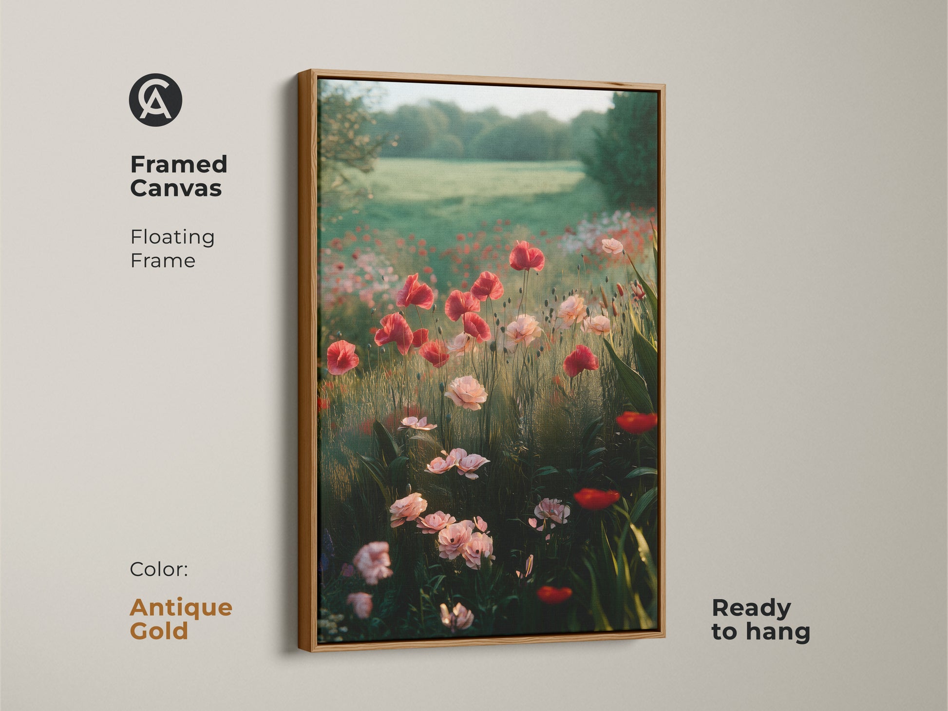 Framed canvas art of a poppy field with an antique gold floating frame. This garden floral print brings a whimsical feel to any room. The romantic landscape decor is ready to hang. A fine art print for botanical artwork enthusiasts.