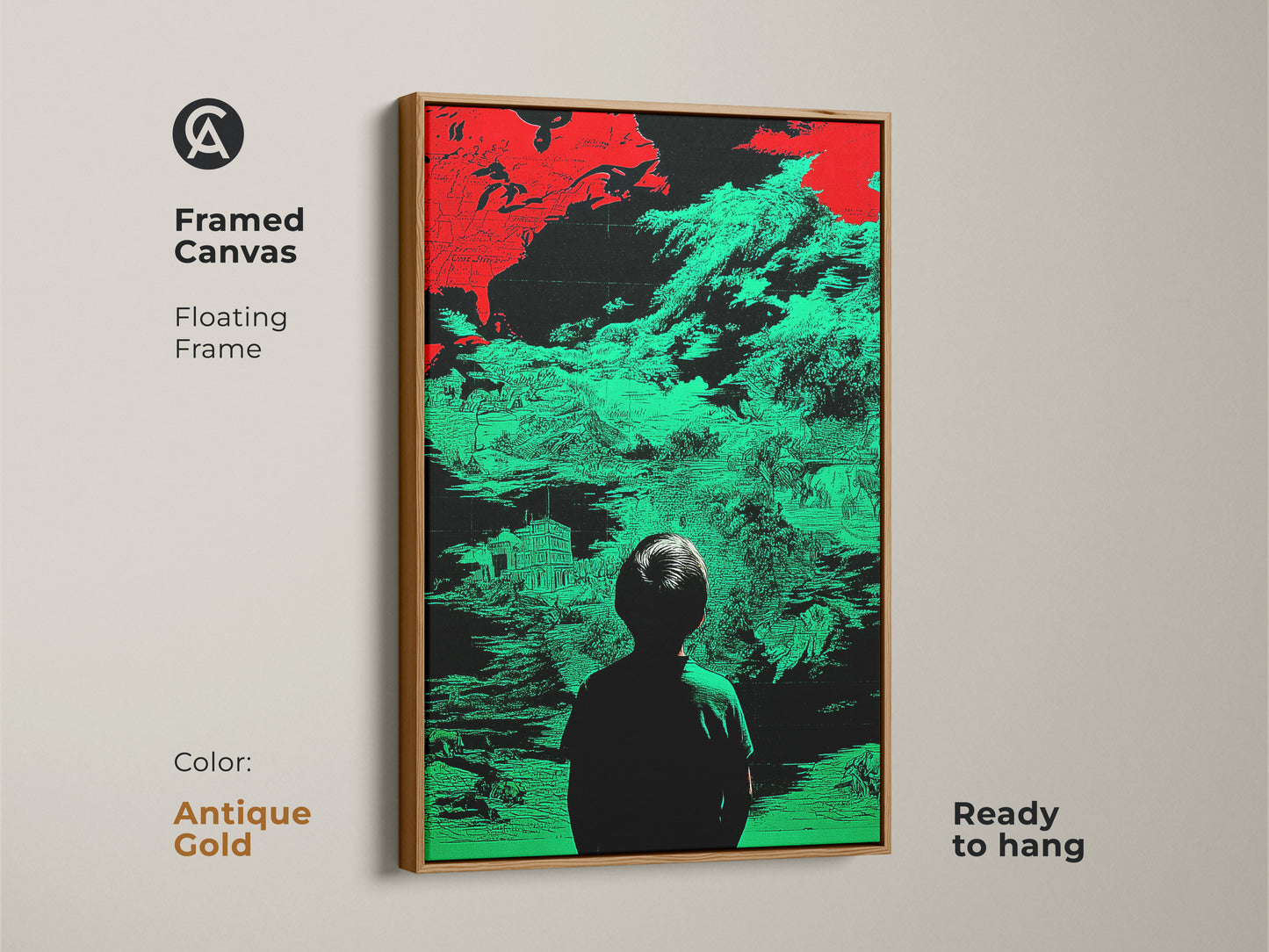 Framed canvas featuring red and green glitch art with a child silhouette gazing into an abstract landscape. The antique gold floating frame enhances this unique wall art piece. It is perfect for adding modern flair to any office or study. The conceptual figurative art is ready to hang.