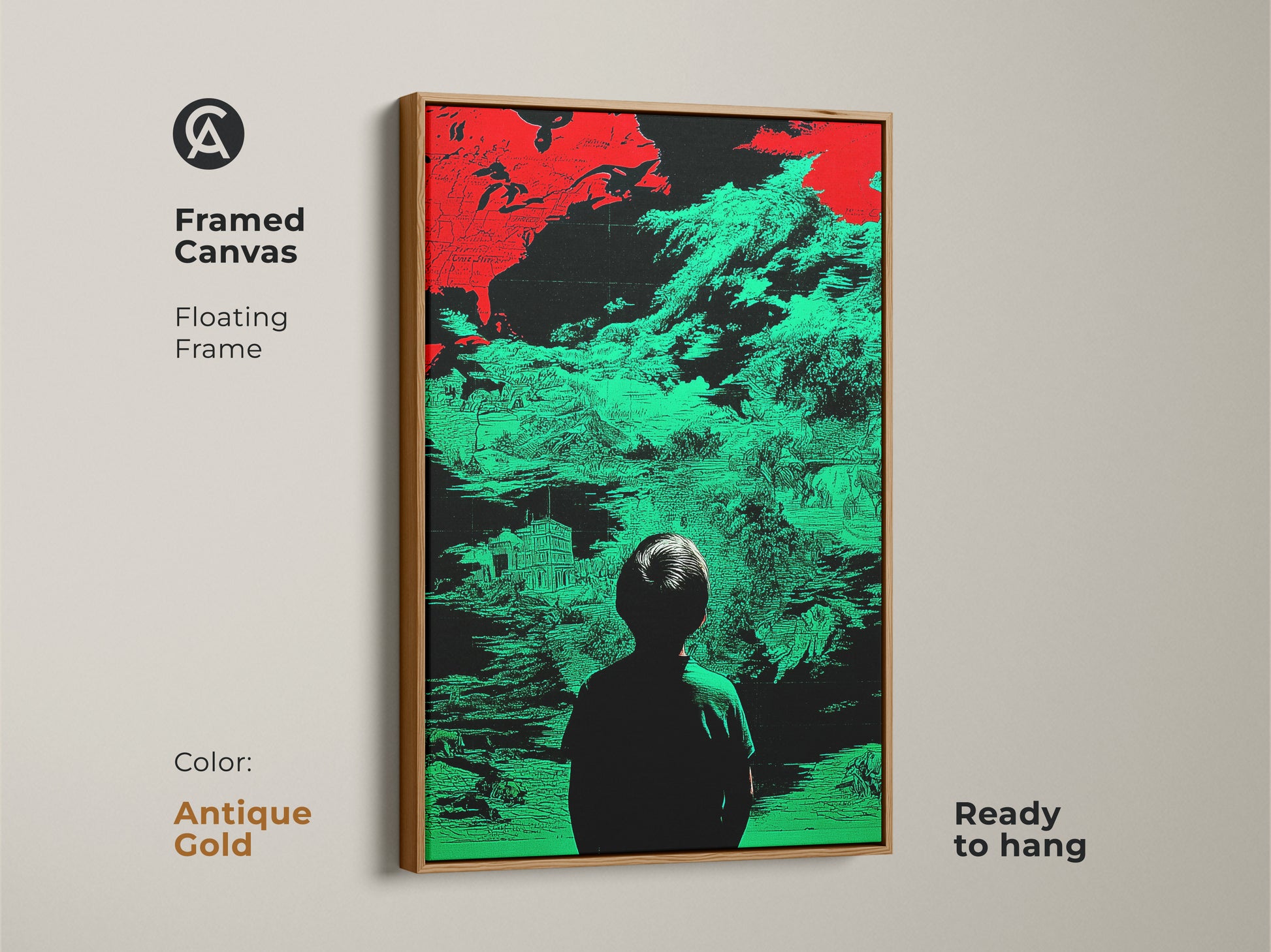 Framed canvas featuring red and green glitch art with a child silhouette gazing into an abstract landscape. The antique gold floating frame enhances this unique wall art piece. It is perfect for adding modern flair to any office or study. The conceptual figurative art is ready to hang.