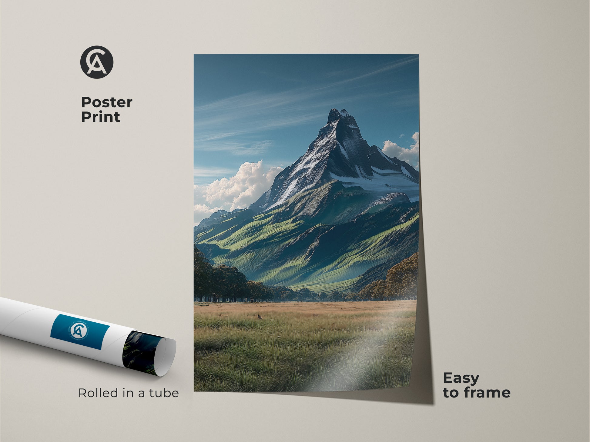 Poster print of a scenic snowy mountain vista rolled in a tube easy to frame. The realistic landscape artwork captures the beauty of nature. Perfect for those seeking traditional home decor or a housewarming gift for outdoor lovers.