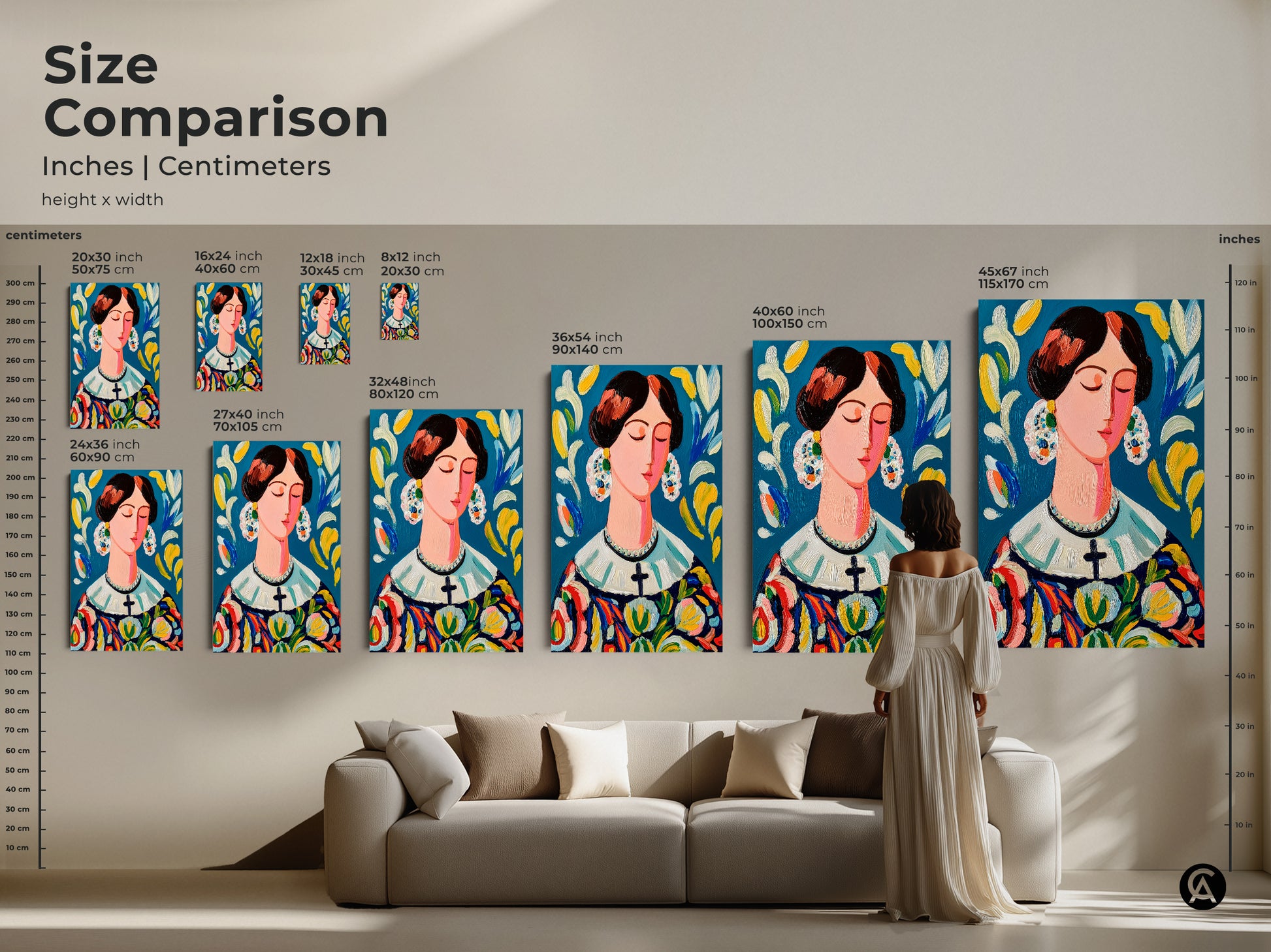 Size comparison of the woman portrait artwork. See how different sizes fit in a living room setting. Visualize the impact of this art piece. The lady has a colorful dress and ornate earrings. Choose the perfect scale for your space.