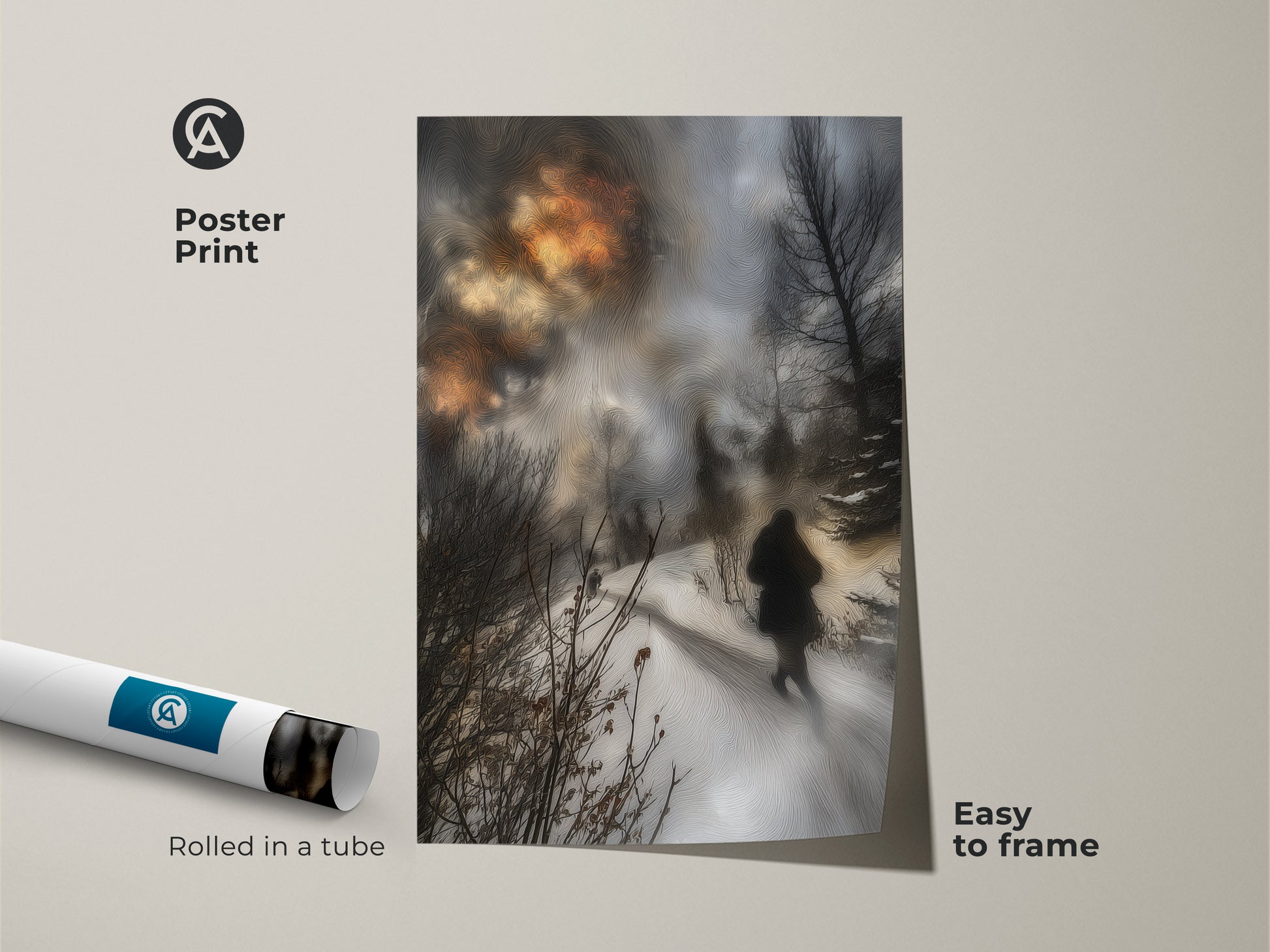 Poster print of a winter landscape depicting a person walking in snow. This earth tone landscape decor is easy to frame. Modern nature wall hanging is a great gift for outdoor lovers.