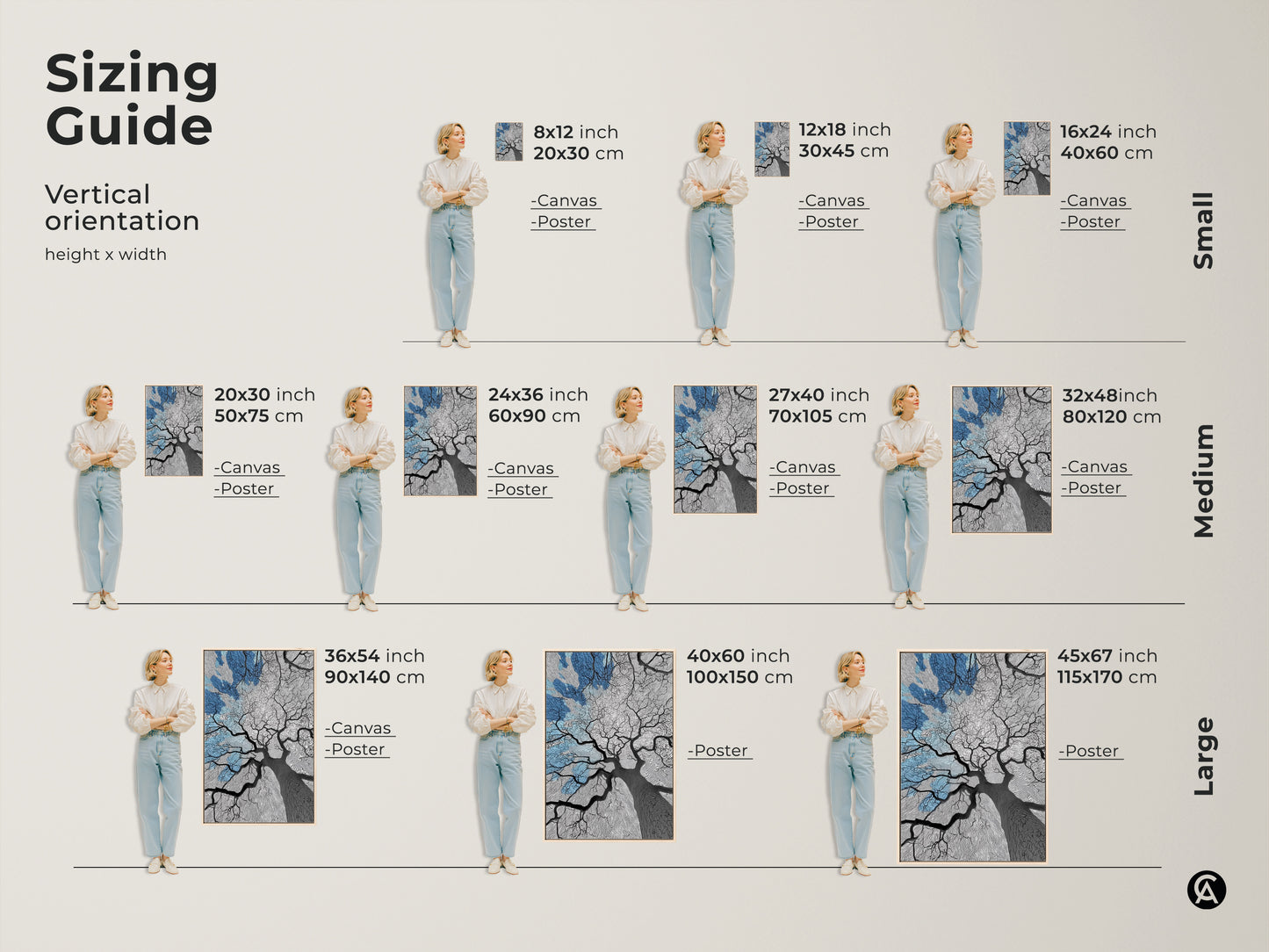 Sizing guide for abstract oak tree art prints. Canvas and poster options in vertical orientation. Sizes range from small to large. Find the perfect fit for your space. Dimensions in inches and centimeters for easy planning. This guide helps visualize various size options for your nature-inspired art.