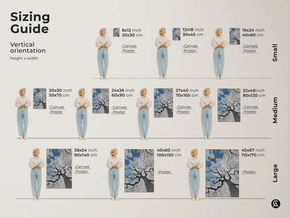 Sizing guide for abstract oak tree art prints. Canvas and poster options in vertical orientation. Sizes range from small to large. Find the perfect fit for your space. Dimensions in inches and centimeters for easy planning. This guide helps visualize various size options for your nature-inspired art.