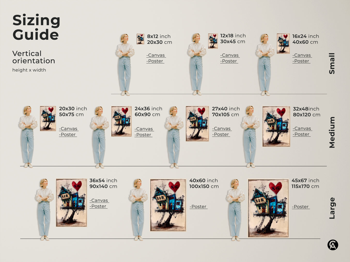 Size comparison shows surreal house art. Whimsical house on stilts art is displayed in inches and centimeters. Visualize how teal blue and red art enhances your space. Eclectic home decor provides a unique touch to your living room.