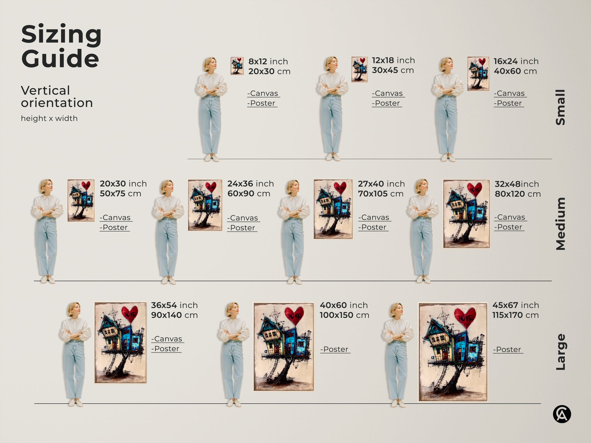 Size comparison shows surreal house art. Whimsical house on stilts art is displayed in inches and centimeters. Visualize how teal blue and red art enhances your space. Eclectic home decor provides a unique touch to your living room.