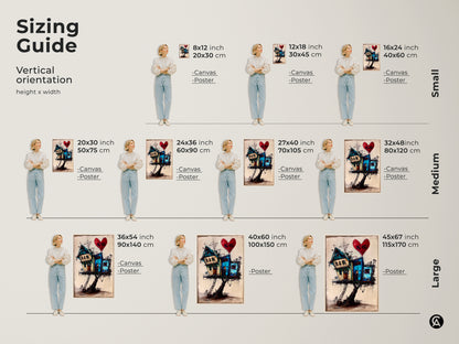 Size comparison shows surreal house art. Whimsical house on stilts art is displayed in inches and centimeters. Visualize how teal blue and red art enhances your space. Eclectic home decor provides a unique touch to your living room.