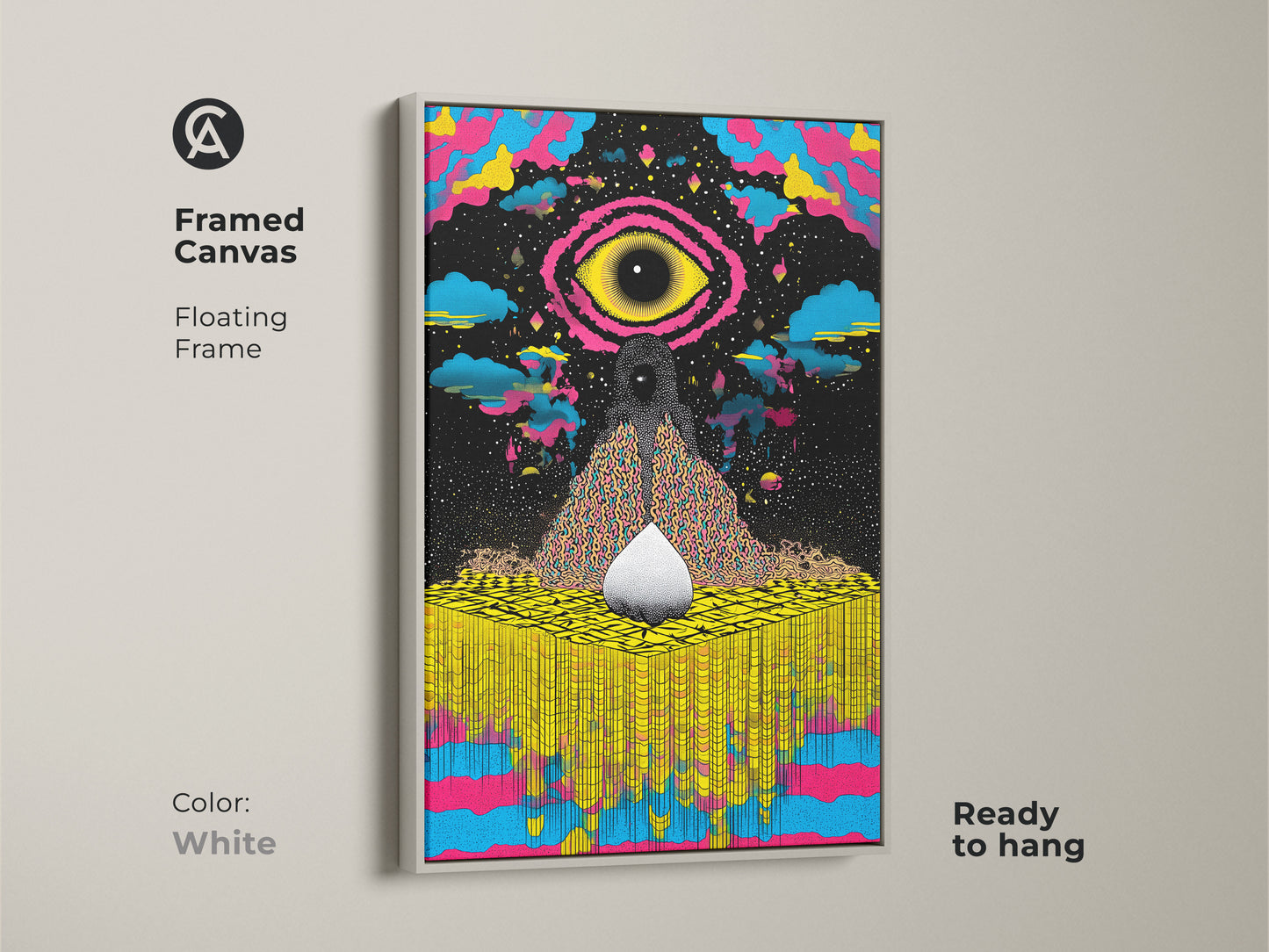 Framed canvas presenting the abstract cosmic eye art in white. The vibrant yellow blue pink hues create a stunning psychedelic artwork. Ready to hang this canvas is a must for eclectic homes.