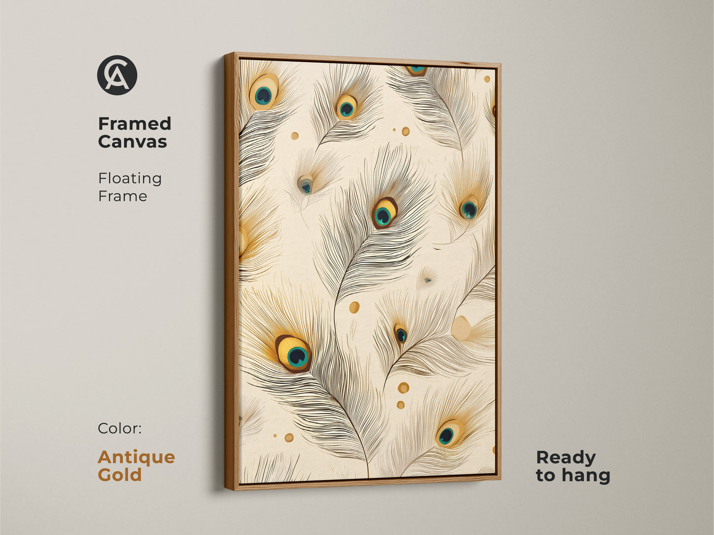 Antique gold framed canvas of peacock feather artwork with a floating frame. Boho abstract wall art ready to hang. The cream teal and gold artwork brings sophistication to your home. Perfect for nature themed artwork and eclectic wall decor.