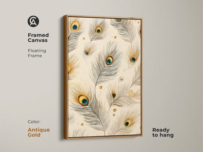 Antique gold framed canvas of peacock feather artwork with a floating frame. Boho abstract wall art ready to hang. The cream teal and gold artwork brings sophistication to your home. Perfect for nature themed artwork and eclectic wall decor.