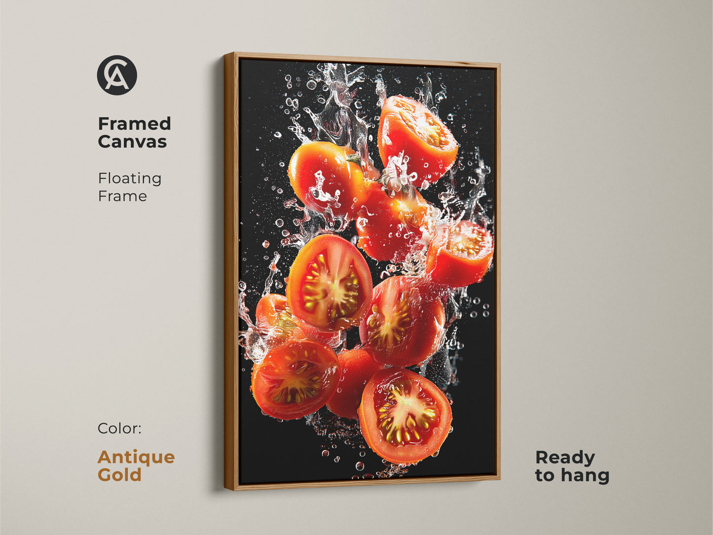 Framed canvas artwork of tomatoes in water. Antique gold floating frame adds elegance. Ready to hang this art brings a touch of freshness. The gold frame enhances the vibrant colors. A stylish addition to your kitchen decor. Perfect art for food enthusiasts.