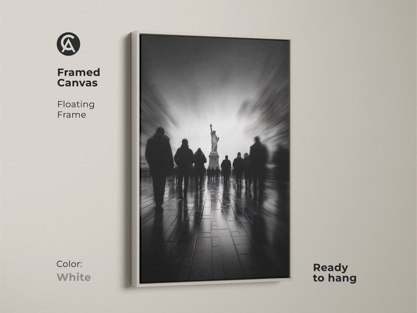 Create a clean modern look with this framed canvas art in white. The Statue of Liberty shines in this captivating monochrome artwork. Blurred figures add a dynamic element to the scene. The floating frame complements any decor. Ready to hang and enjoy.