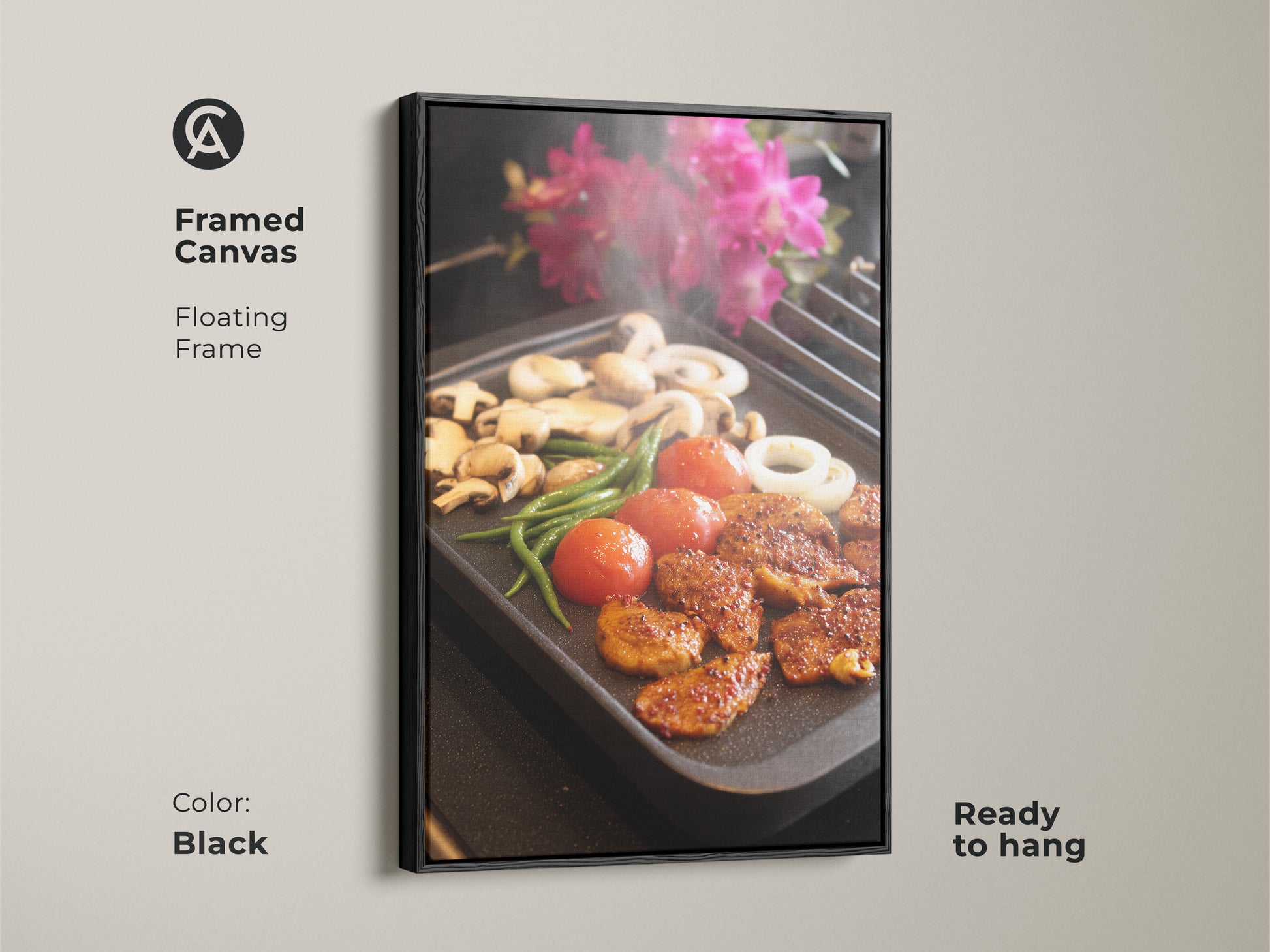 Black framed canvas of grilling food wall art is ready to hang. Kitchen canvas print as contemporary home decor. Modern food art is a foodie gift idea. A home cook present and housewarming gift art. Realistic cooking art shows still life food prints.