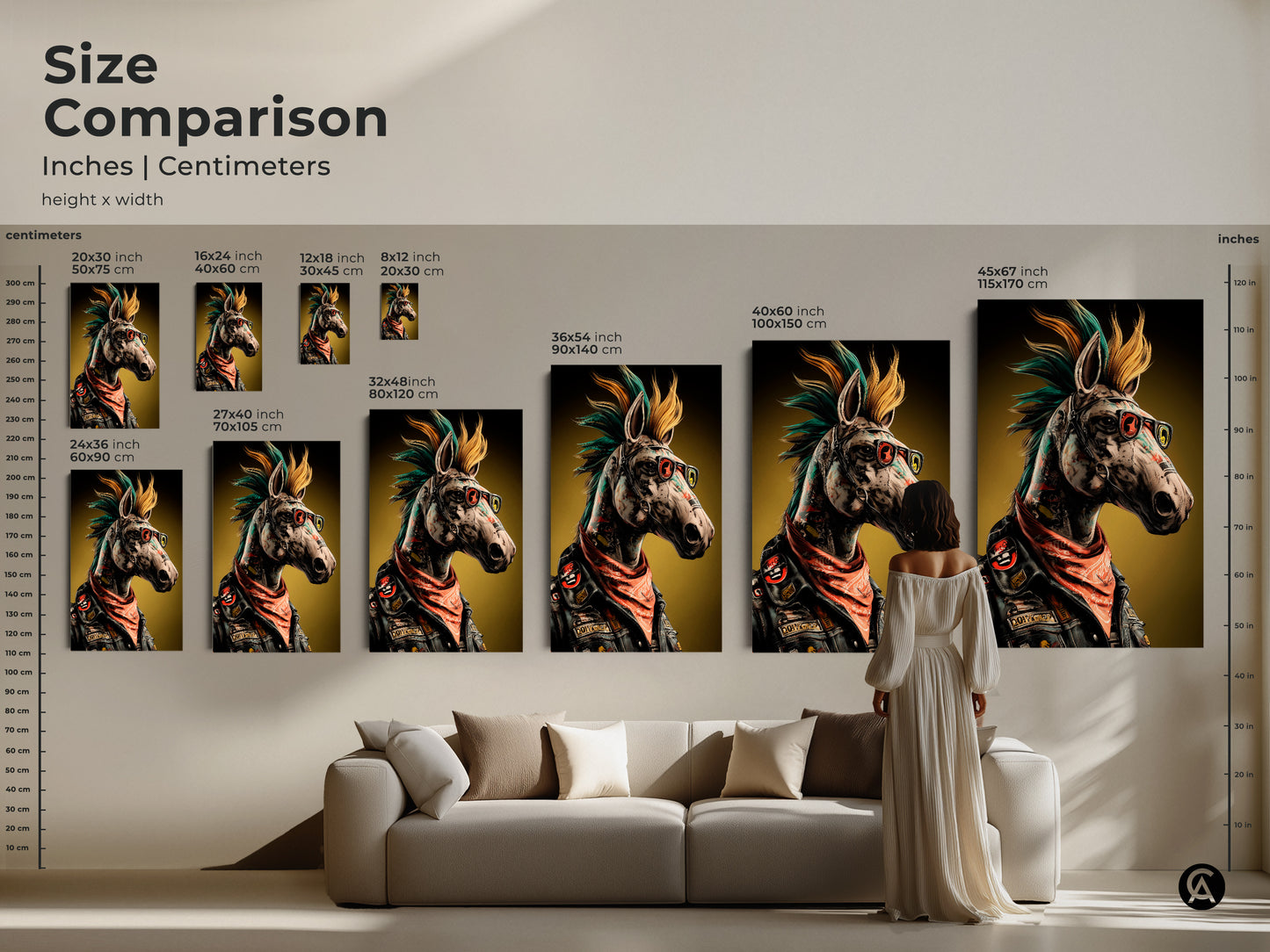 Size comparison of neo punk horse canvas prints. Choose from various sizes in inches and centimeters. This surreal animal artwork is eclectic home decor. Consider a punk rock fan gift or rebellion poster art. Find edgy living room art today.