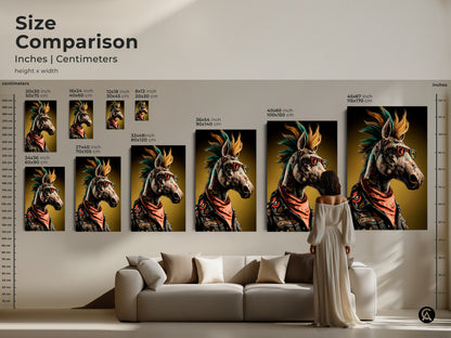 Size comparison of neo punk horse canvas prints. Choose from various sizes in inches and centimeters. This surreal animal artwork is eclectic home decor. Consider a punk rock fan gift or rebellion poster art. Find edgy living room art today.