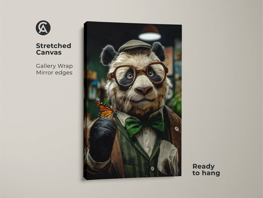 Stretched Canvas print showcasing a Panda in vintage attire with a butterfly. This eclectic animal artwork with gallery wrap and mirror edges is ready to hang. Add a touch of unique style to your space with this Panda portrait.