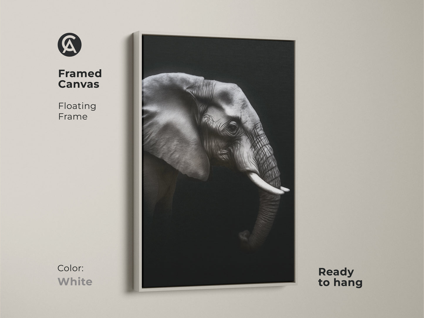 Framed monochrome elephant canvas in a white floating frame. Ready to hang black and white wildlife artwork adds a contemporary touch. Ideal animal portrait canvas for modern office wall art. This elegant animal print is a perfect gift for wildlife enthusiasts.