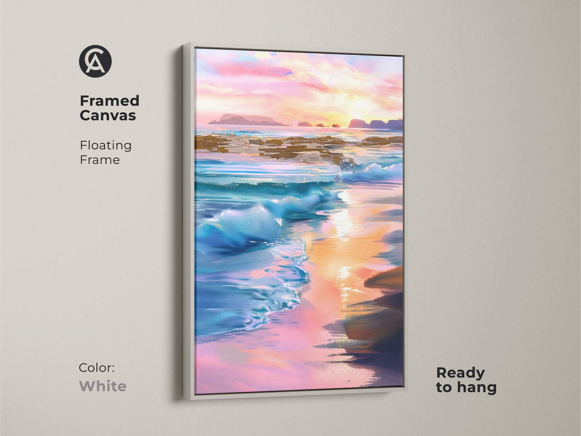 White framed canvas features floating frame and beach art. The sunset ocean landscape artwork displays soft colors. Blue pink orange hues makes it a perfect beach getaway art print. Ready to hang in any living space.