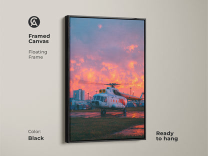 Aviation art on framed canvas with a black floating frame. The helicopter artwork is ready to hang. Its a sleek and modern aviation art piece that complements any decor. The sunset background adds warmth.