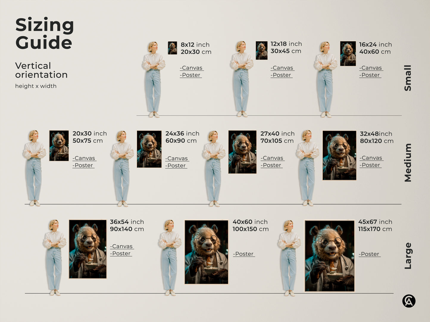 Sizing guide for vertical panda doctor art. Canvas and poster print options are displayed with models to show scale. Sizes range from small to large. The art is perfect for an eclectic styled space study or office wall decor.