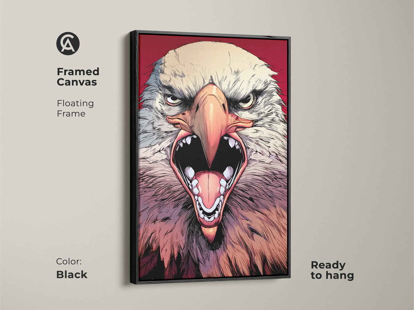 This framed canvas features a fiercely detailed eagle in a dynamic comic art style. The black floating frame modern artwork is perfect for a man cave or office decor. Ideal as a gift for patriots. Ready to hang.