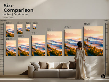 Size comparison of beach artwork. See how different sizes of canvas art fit above a sofa. Choose the perfect size for your room. Available in inches and centimeters. Visualize sizes before purchasing artwork.