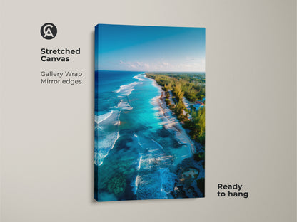 Stretched canvas art displaying an aerial view of a tropical beach. Gallery wrapped with mirrored edges this piece is ready to hang. The stunning beach artwork captures ocean waves and lush greenery. A perfect addition to coastal decor.