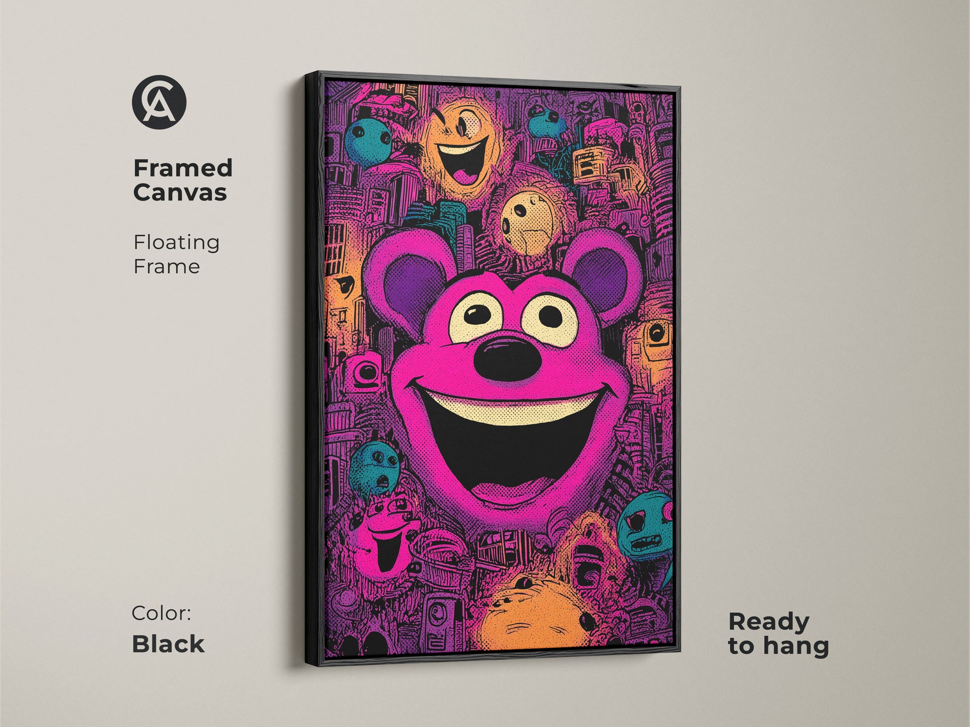 Framed canvas art print featuring a cheerful teddy bear in a pop art style. The black floating frame enhances the artwork. This colorful framed art is ready to hang bringing a playful vibe to your wall decor.