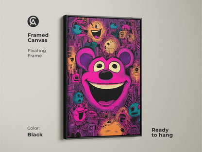 Framed canvas art print featuring a cheerful teddy bear in a pop art style. The black floating frame enhances the artwork. This colorful framed art is ready to hang bringing a playful vibe to your wall decor.
