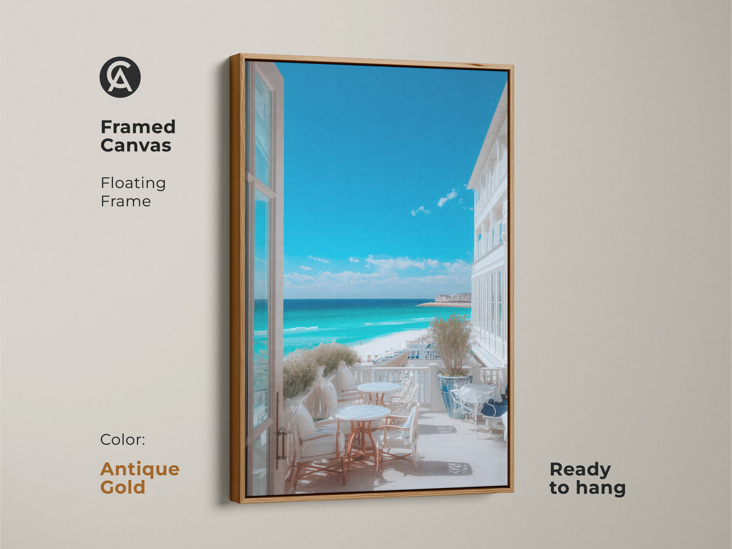 Framed canvas art with an antique gold floating frame displaying a serene beach from a balcony. The ready-to-hang artwork offers a touch of vintage charm. Perfect coastal artwork.