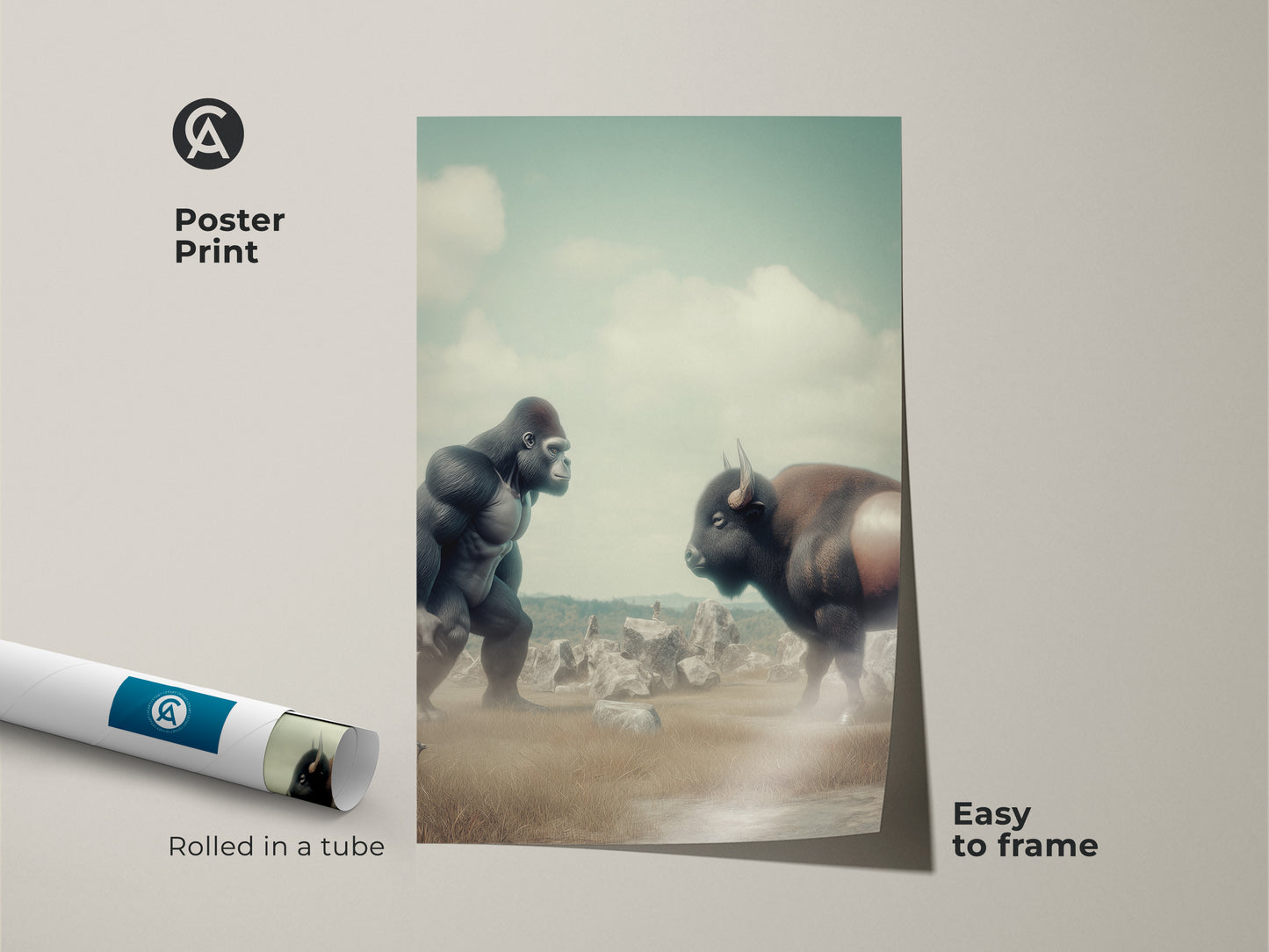 Poster print of a surreal Gorilla vs Bison artwork. The digital art print features muted greens and earthy tones. Rolled in a tube for easy framing. Ideal as eclectic home decor or a unique animal lover birthday gift. Fantasy nature wall art.
