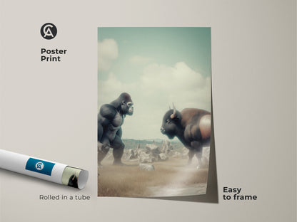 Poster print of a surreal Gorilla vs Bison artwork. The digital art print features muted greens and earthy tones. Rolled in a tube for easy framing. Ideal as eclectic home decor or a unique animal lover birthday gift. Fantasy nature wall art.