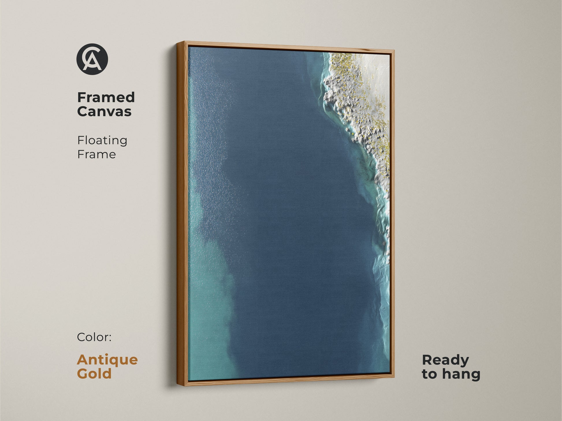 Antique Gold Framed Canvas of Abstract Seascape. Floating frame enhances the deep blue shoreline. Ready to hang coastal minimalist wall art is perfect modern bedroom wall art. Add calm blue wall art to your living space.