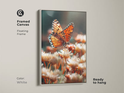 Framed canvas of a realistic orange butterfly. The white floating frame offers a clean modern look. Ready to hang this nature insect wall decor complements any style. A refreshing bedroom nature print.