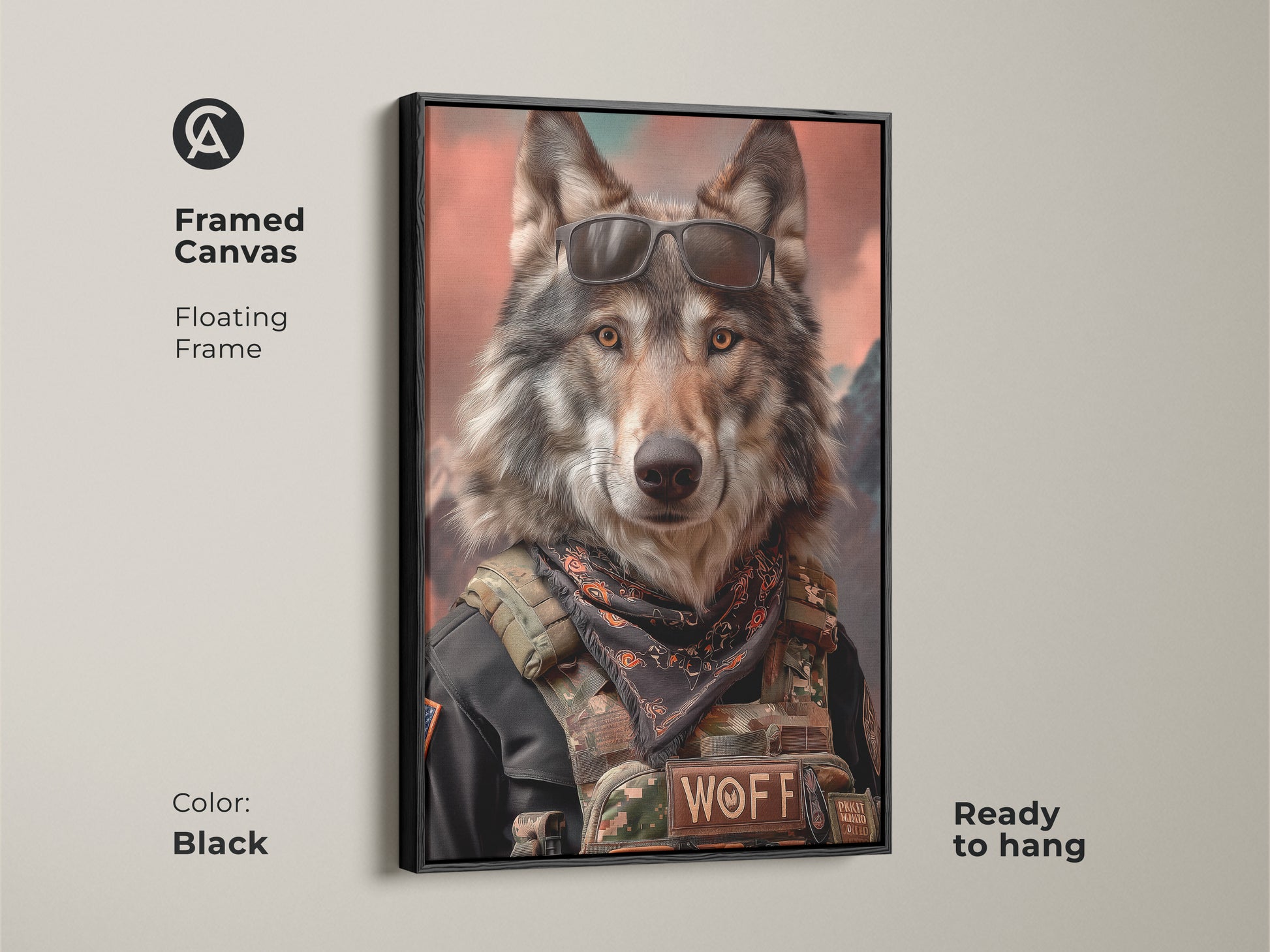 Black Framed Canvas of a Military Wolf Artwork. This ready-to-hang canvas features a photorealistic wolf wearing sunglasses. Perfect for man caves and office wall decor for men. Unique wildlife animal print adds a rugged touch. A great gift for wolf lovers looking for badass wolf artwork. Elevate your home decor with this eclectic piece