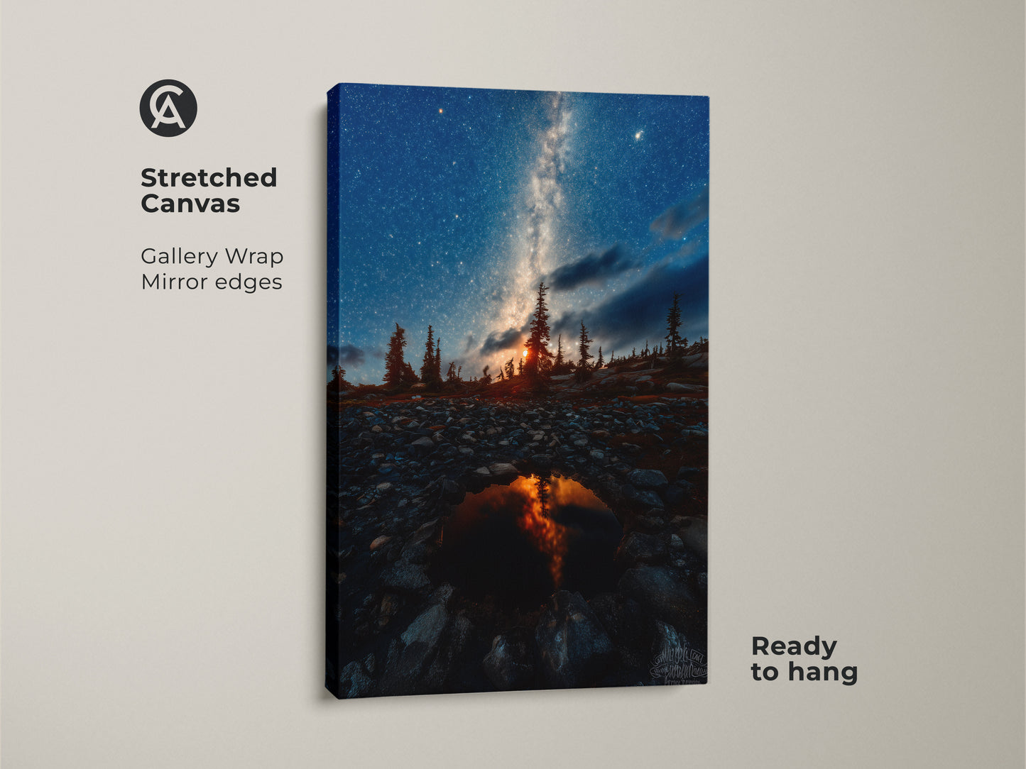 Stretched canvas print of the Milky Way and pine trees. This gallery wrap features mirrored edges. Ready to hang this night sky wall art print brings a cosmic journey art to your space. The astrophotography landscape adds rustic mountain decor. It is a unique gift for astronomy lovers.
