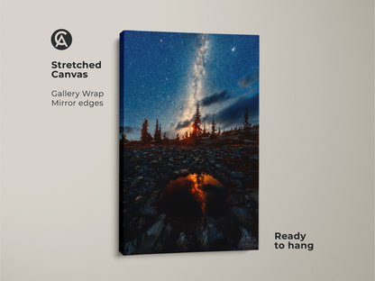 Stretched canvas print of the Milky Way and pine trees. This gallery wrap features mirrored edges. Ready to hang this night sky wall art print brings a cosmic journey art to your space. The astrophotography landscape adds rustic mountain decor. It is a unique gift for astronomy lovers.