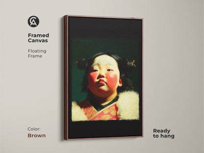 Framed canvas in brown of a cultural child portrait oil painting style art print. The artwork features a child in traditional attire with red and gold accents. Ready to hang. The oil style wall art is a unique gift for family.
