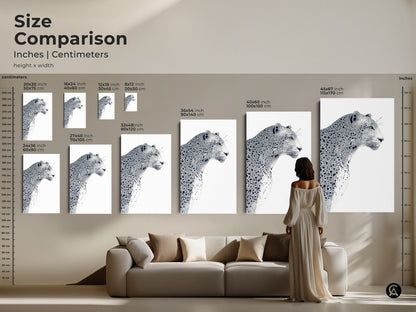Size comparison of leopard artwork prints. See how different sizes enhance your space. Perfect for over a sofa or as a statement piece. Choose from a range of sizes for canvas and poster prints. Transform your home with wildlife-inspired artwork.