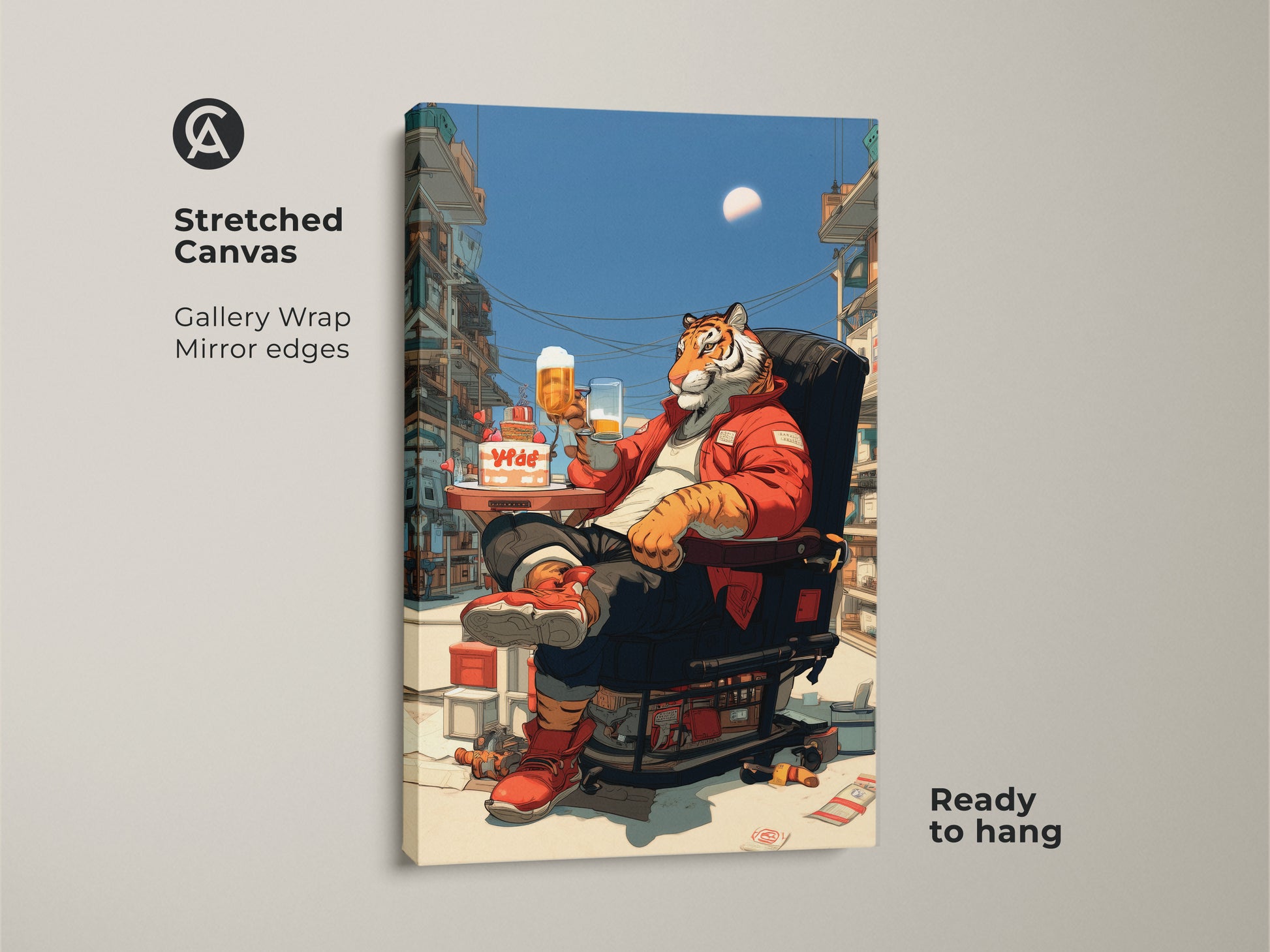 Stretched canvas art of a tiger drinking beer. Gallery wrapped with mirror edges. This pop surrealism animal art is ready to hang. It's a unique eclectic animal lover gift.