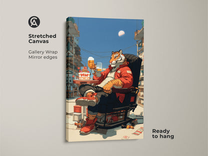 Stretched canvas art of a tiger drinking beer. Gallery wrapped with mirror edges. This pop surrealism animal art is ready to hang. It's a unique eclectic animal lover gift.
