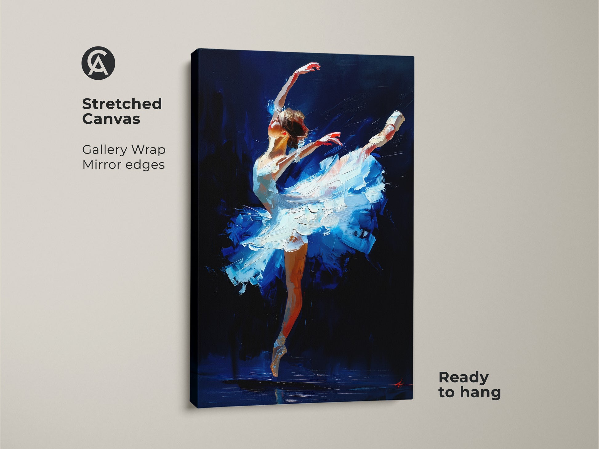 Stretched canvas artwork of a ballet dancer. The gallery wrap and mirror edges create a modern look. This elegant painting is ready to hang. A perfect addition to your art collection.